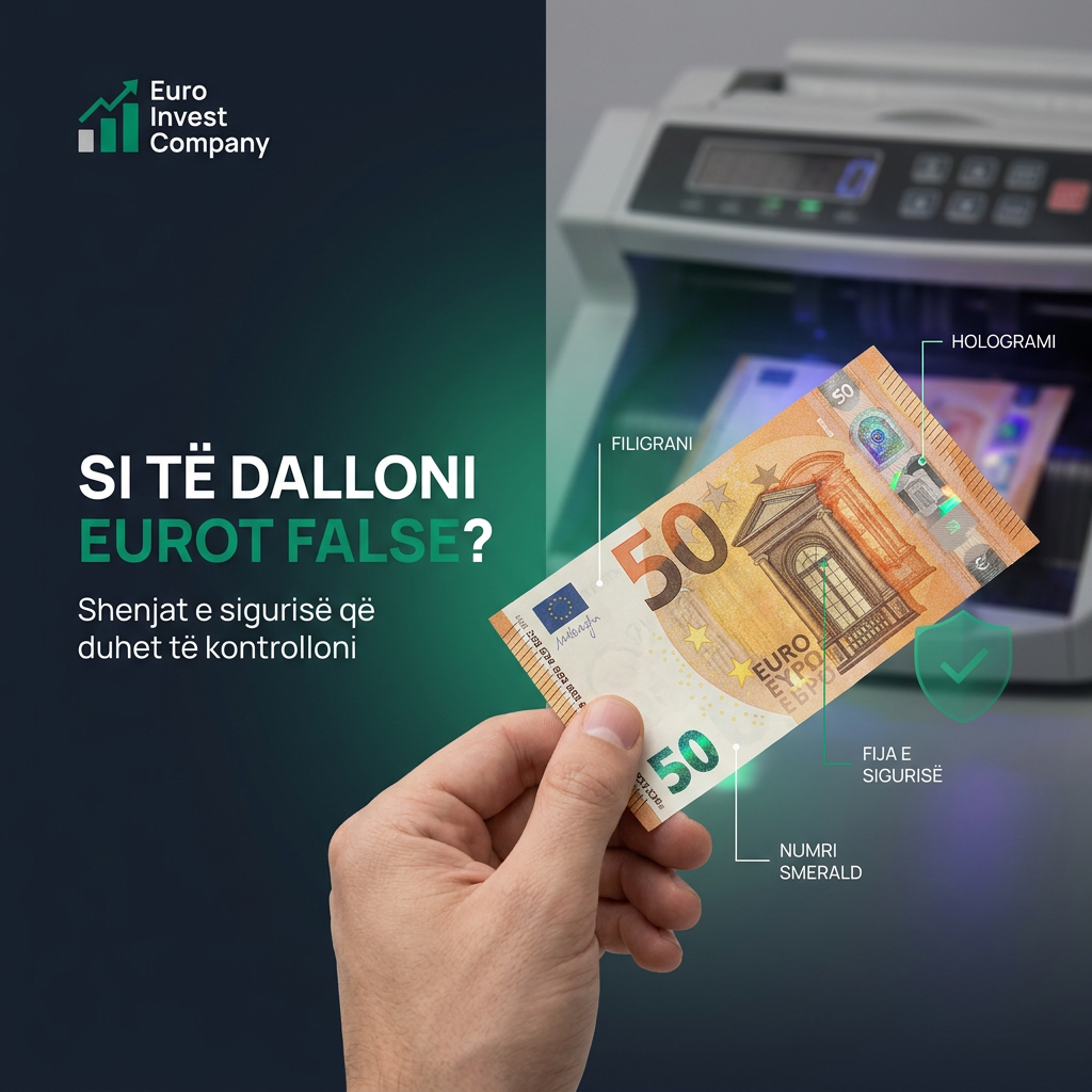 Mësoni si të dalloni eurot false me metodën Prek, Shiko dhe Ano. Kontrolloni letrën, filigranin, hologramin dhe numrin smerald.